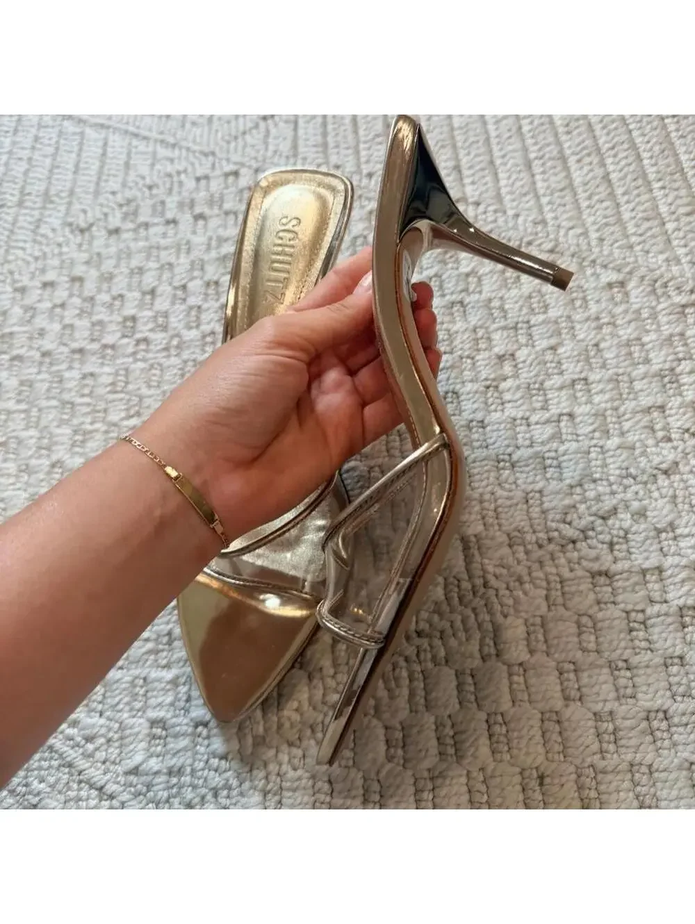 Schutz Elodie Sandal Heel in Platinum Gold